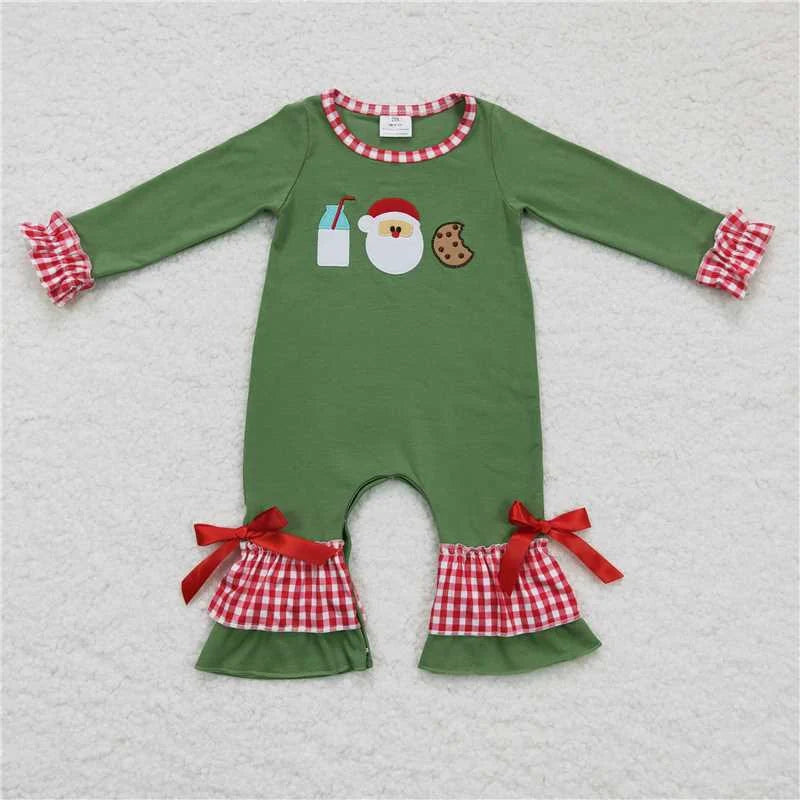 Cookies Santa Milk Embroidery Red Checkered Green Kids Christmas Matching Clothes Sibling Wear