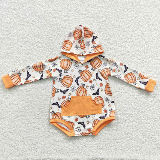 LR0273 Pumpkin Candy Bat Print Baby Girls Halloween Romper