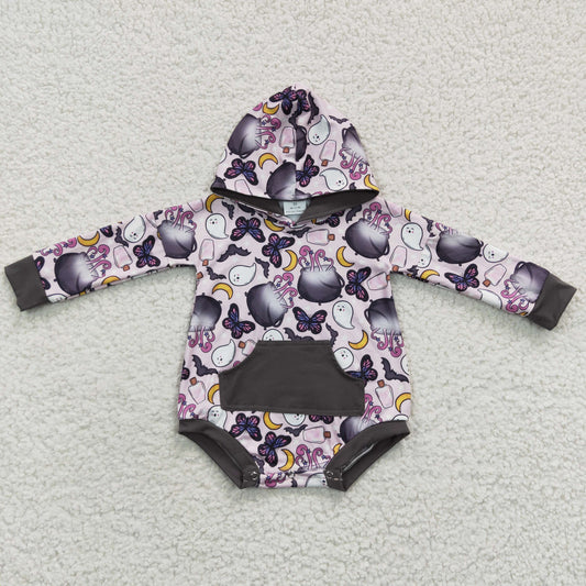 LR0274 Butterfly Bat Ghost Print Baby Girls Halloween Romper