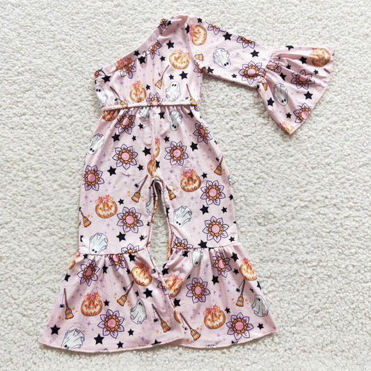 LR0287 Ghost Pumpkin Flowers Print One Shoulder Sleeve Girls Halloween Jumpsuits