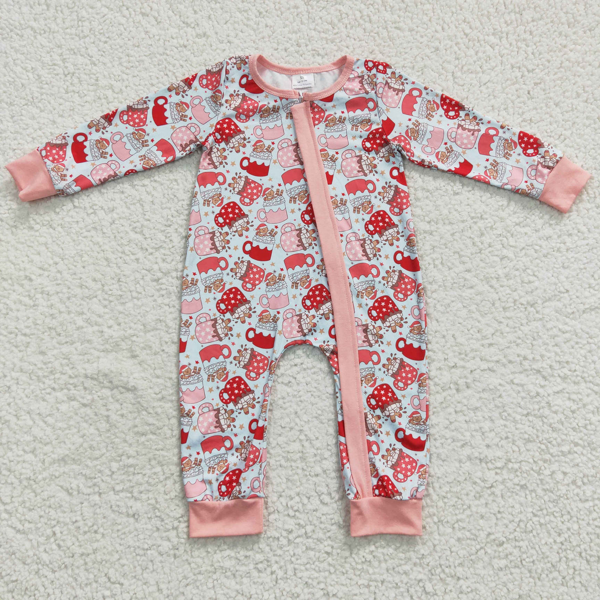 LR0294  Gingerbread Cup Milk Print Baby Girls Christmas Zipper Sleeper Romper