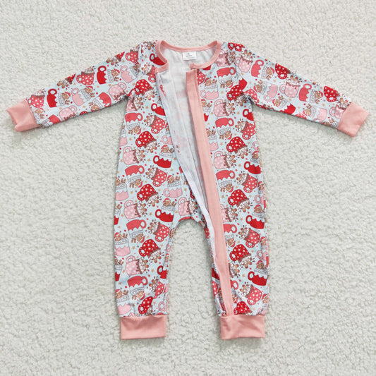LR0294  Gingerbread Cup Milk Print Baby Girls Christmas Zipper Sleeper Romper