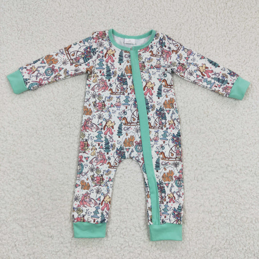LR0296  Green Frog Friends Print Baby Girls Christmas Zipper Sleeper Romper