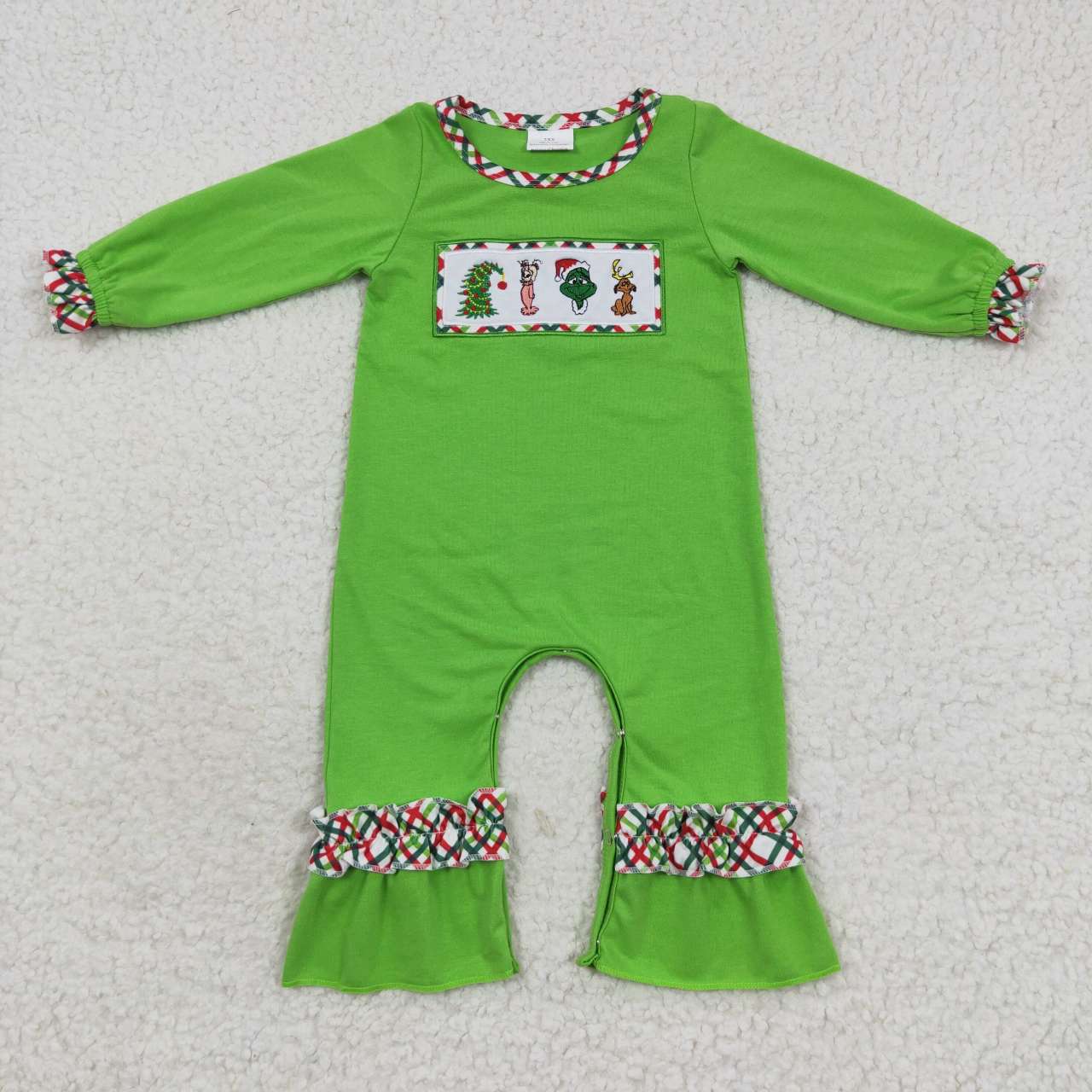 LR0324  Green Frog Embroidery Baby Girls Christmas Ruffle Romper