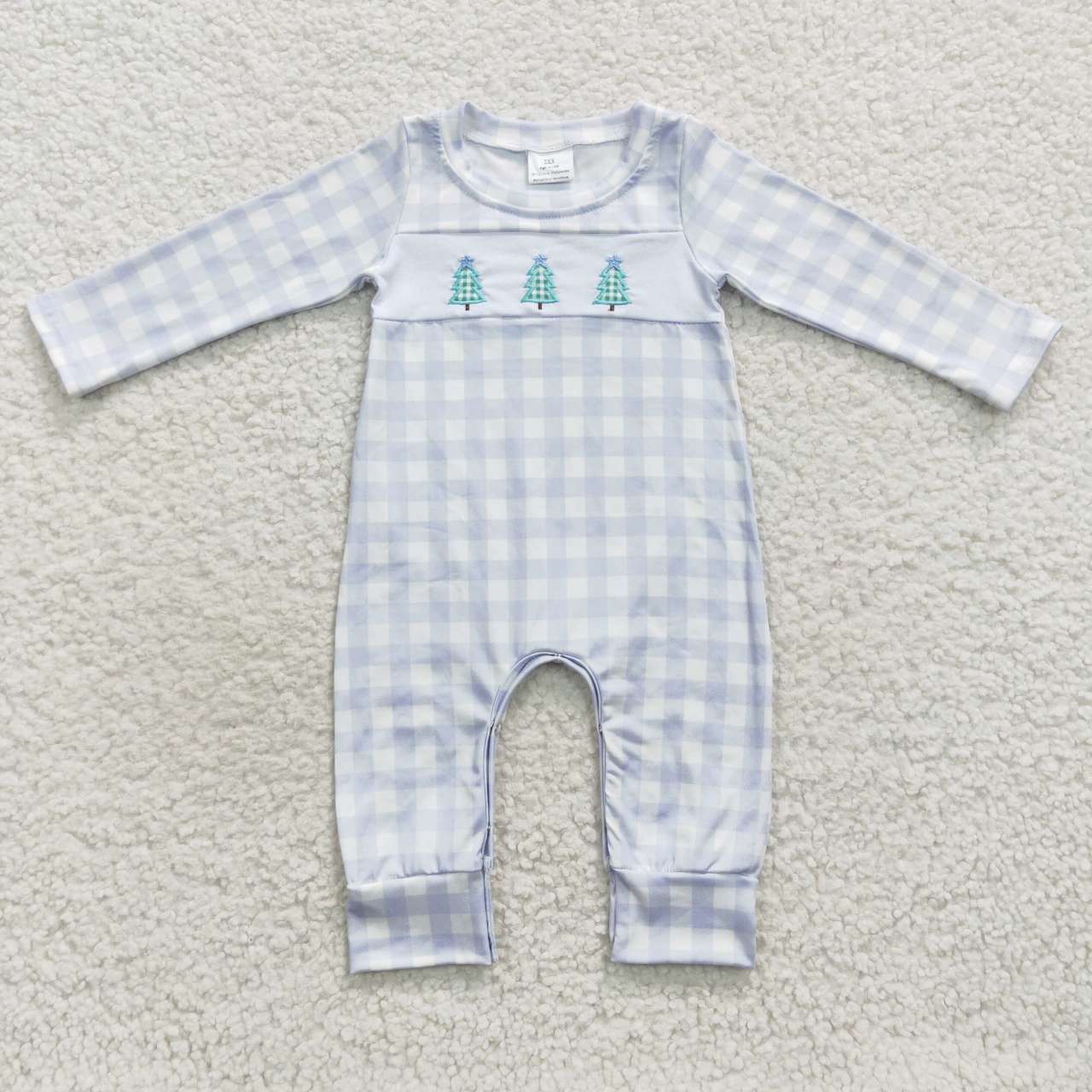 LR0335  Tree Embroidery Blue Checkered Baby Boys Christmas Doll Collar Romper