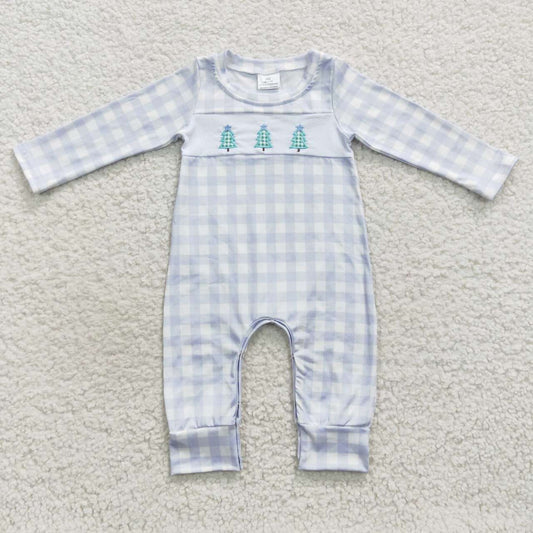 LR0335  Tree Embroidery Blue Checkered Baby Boys Christmas Doll Collar Romper