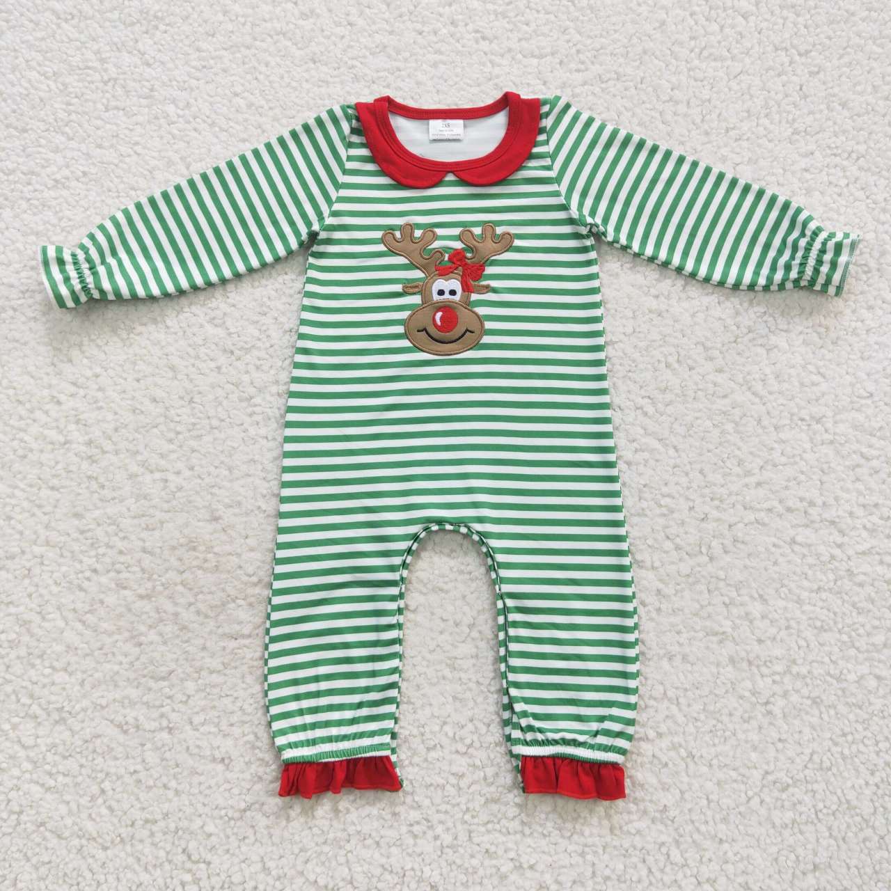 LR0339  Deer Embroidery Green Stripes Baby Girls Christmas Ruffle Romper