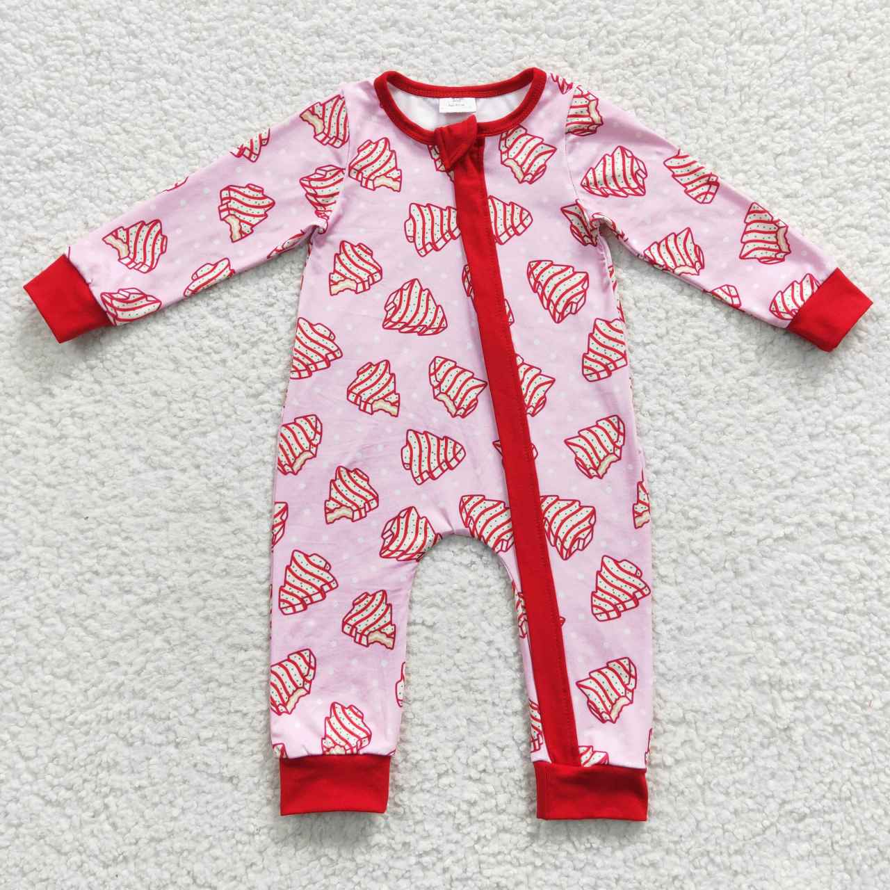LR0340 Debbie Cake Pink Print Baby Girls Christmas Zipper Sleeper Romper