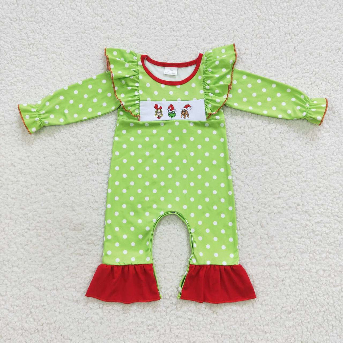 LR0387  Green Frog Embroidery Dots Baby Girls Christmas Ruffle Romper