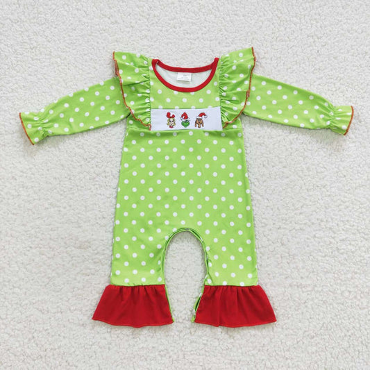 LR0387  Green Frog Embroidery Dots Baby Girls Christmas Ruffle Romper