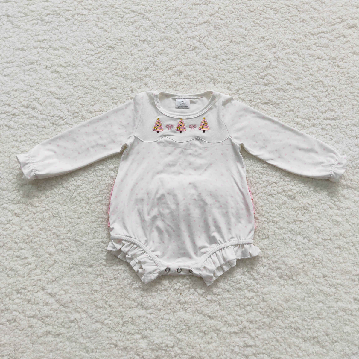 LR0392  Tree Embroidery Pink Dots White Baby Girls Christmas Ruffle Romper