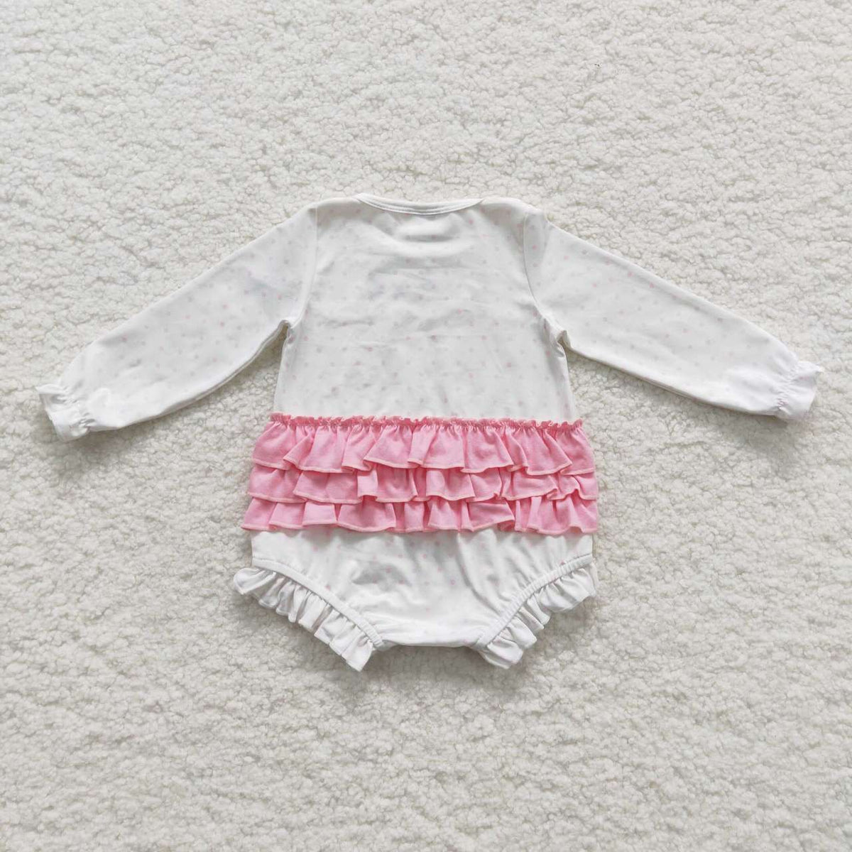 LR0392  Tree Embroidery Pink Dots White Baby Girls Christmas Ruffle Romper