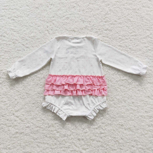 LR0392  Tree Embroidery Pink Dots White Baby Girls Christmas Ruffle Romper