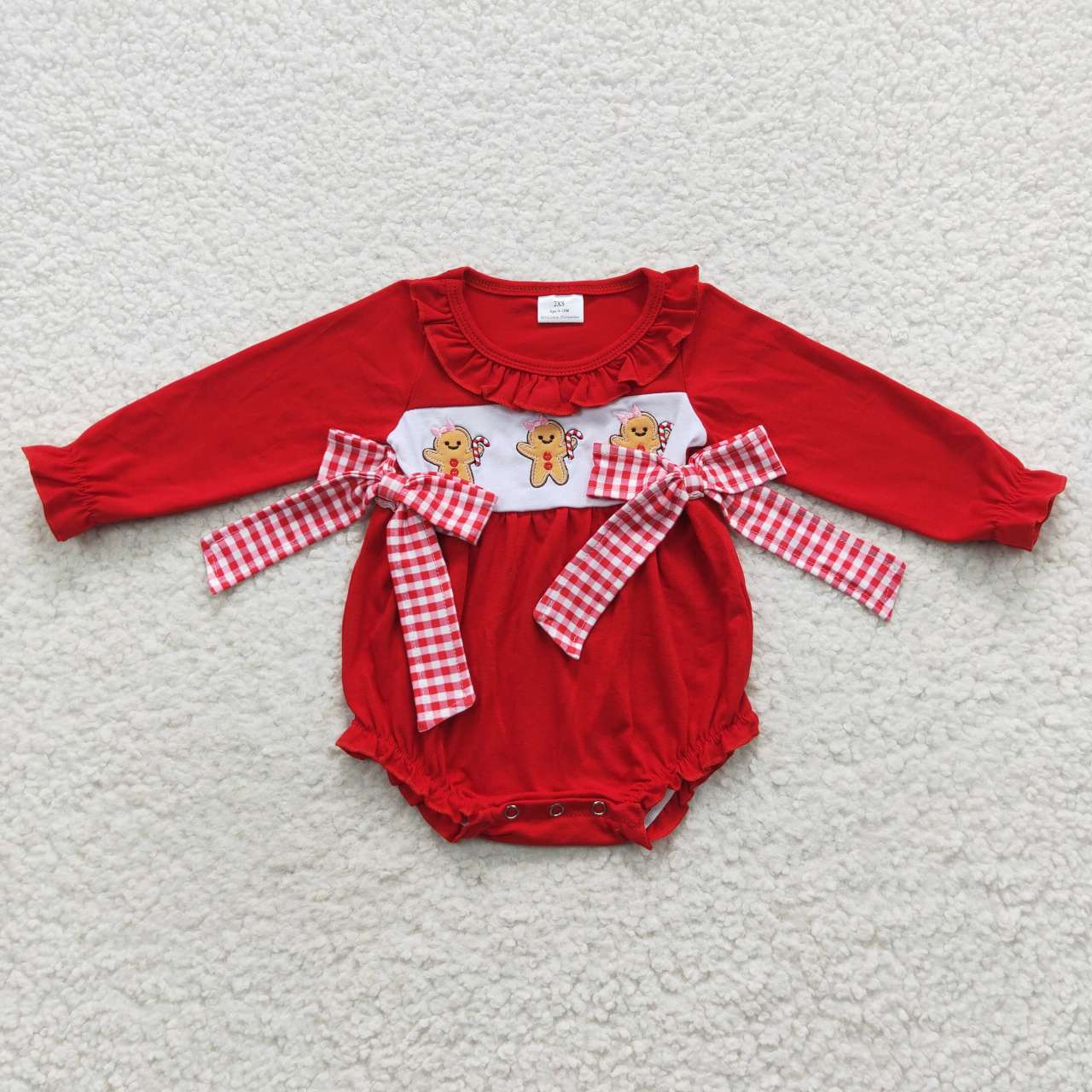 LR0393  Gingerbread Embroidery Red Baby Girls Christmas Ruffle Romper