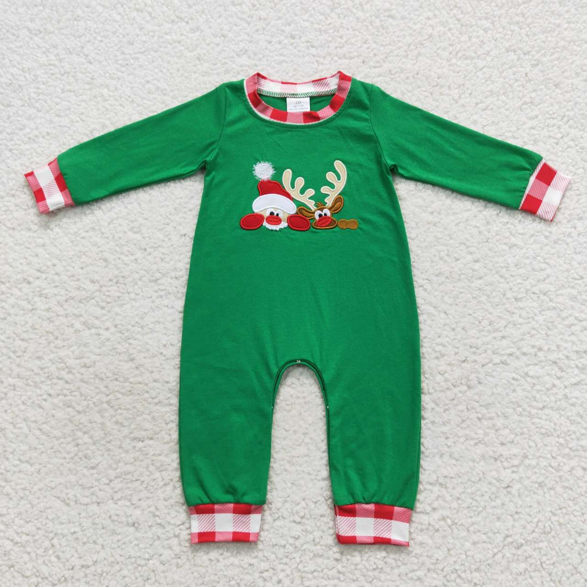 LR0396  Santa Deer Embroidery Green Baby Boys Christmas Romper