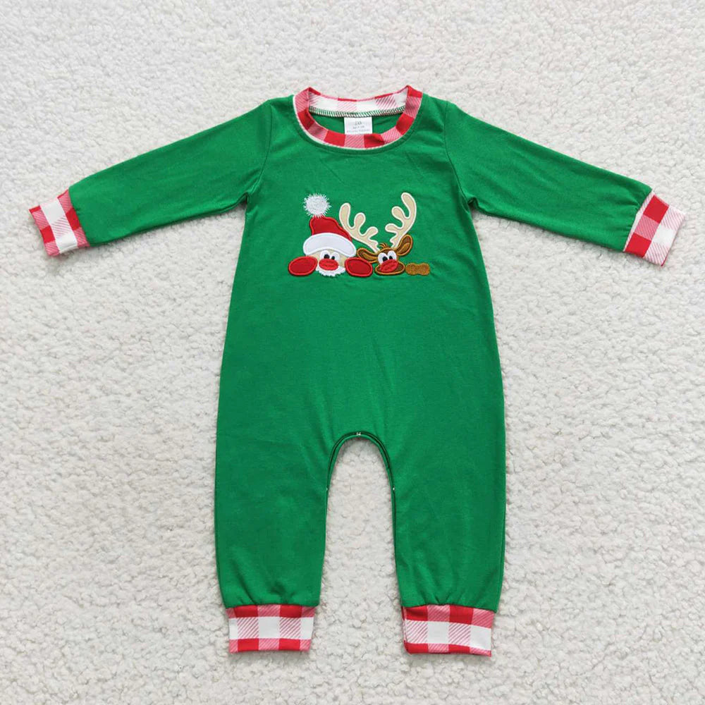 Sibling Baby Kids Embroidery Santa Deer Green Sleeves Christmas Clothes Sets Footie Rompers