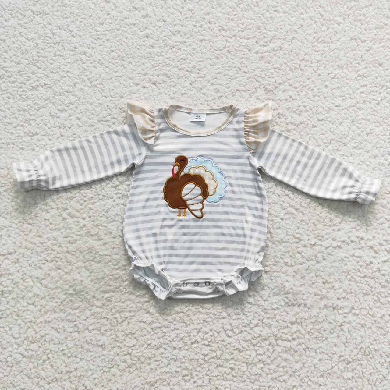 LR0426 Turkey Embroidery Stripes Baby Girls Thanksgiving Bubble Romper