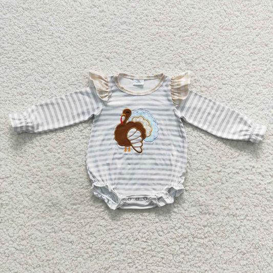 LR0426 Turkey Embroidery Stripes Baby Girls Thanksgiving Bubble Romper