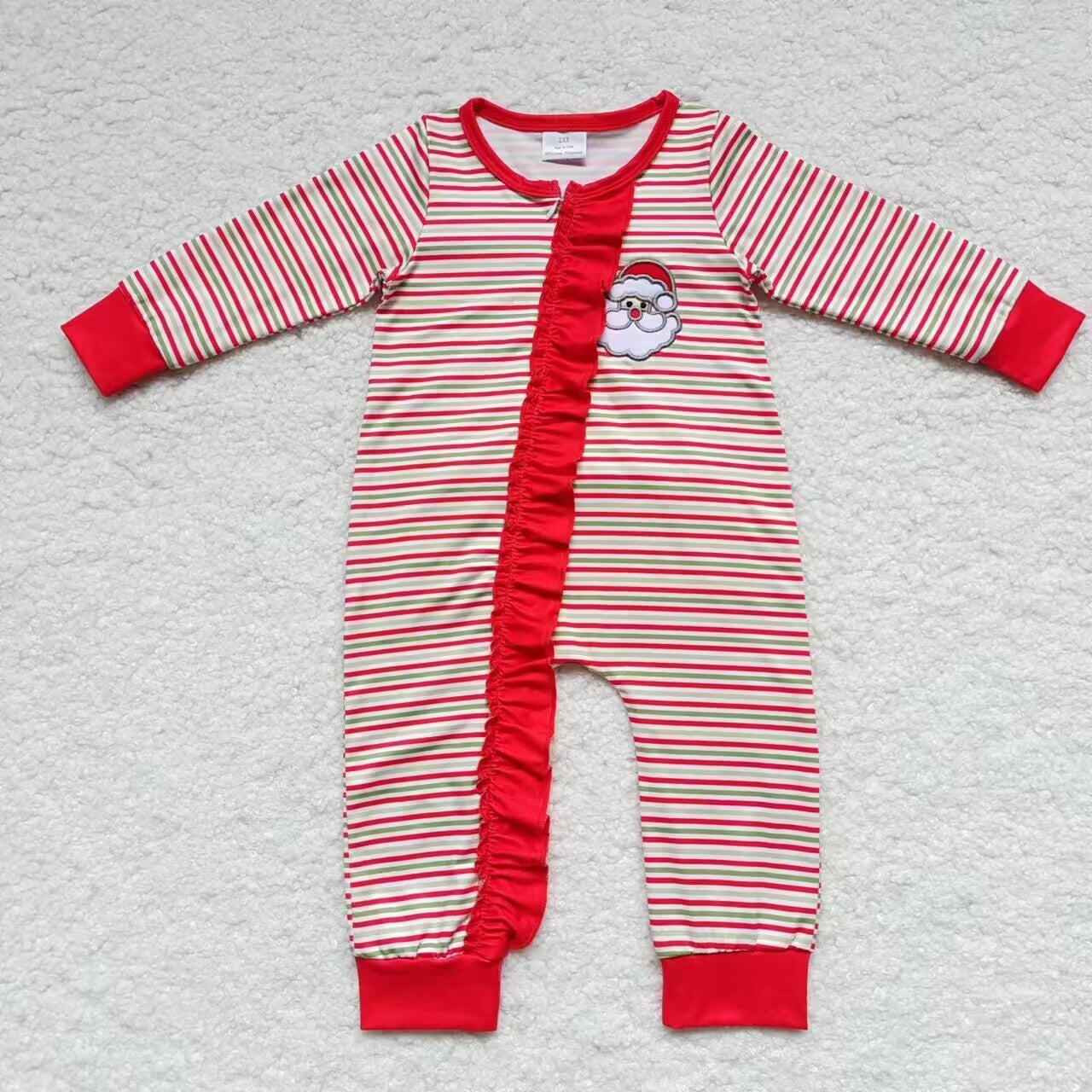 LR0441 Santa Embroidery Red Stripes Print Baby Girls Christmas Zipper Sleeper Romper