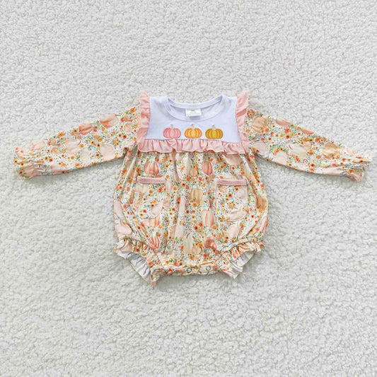 LR0450 Pumpkin Embroidery Flowers Pockets Baby Girls Fall Romper