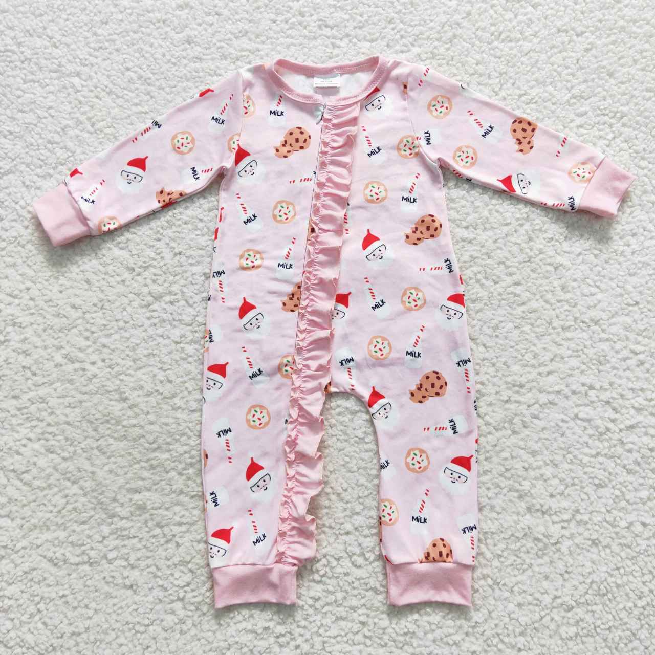 LR0471 Santa Milk Pink Print Baby Girls Christmas Zipper Sleeper Romper