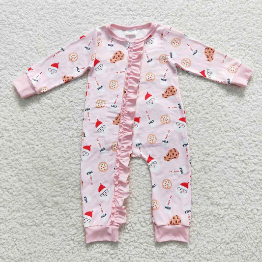 LR0471 Santa Milk Pink Print Baby Girls Christmas Zipper Sleeper Romper