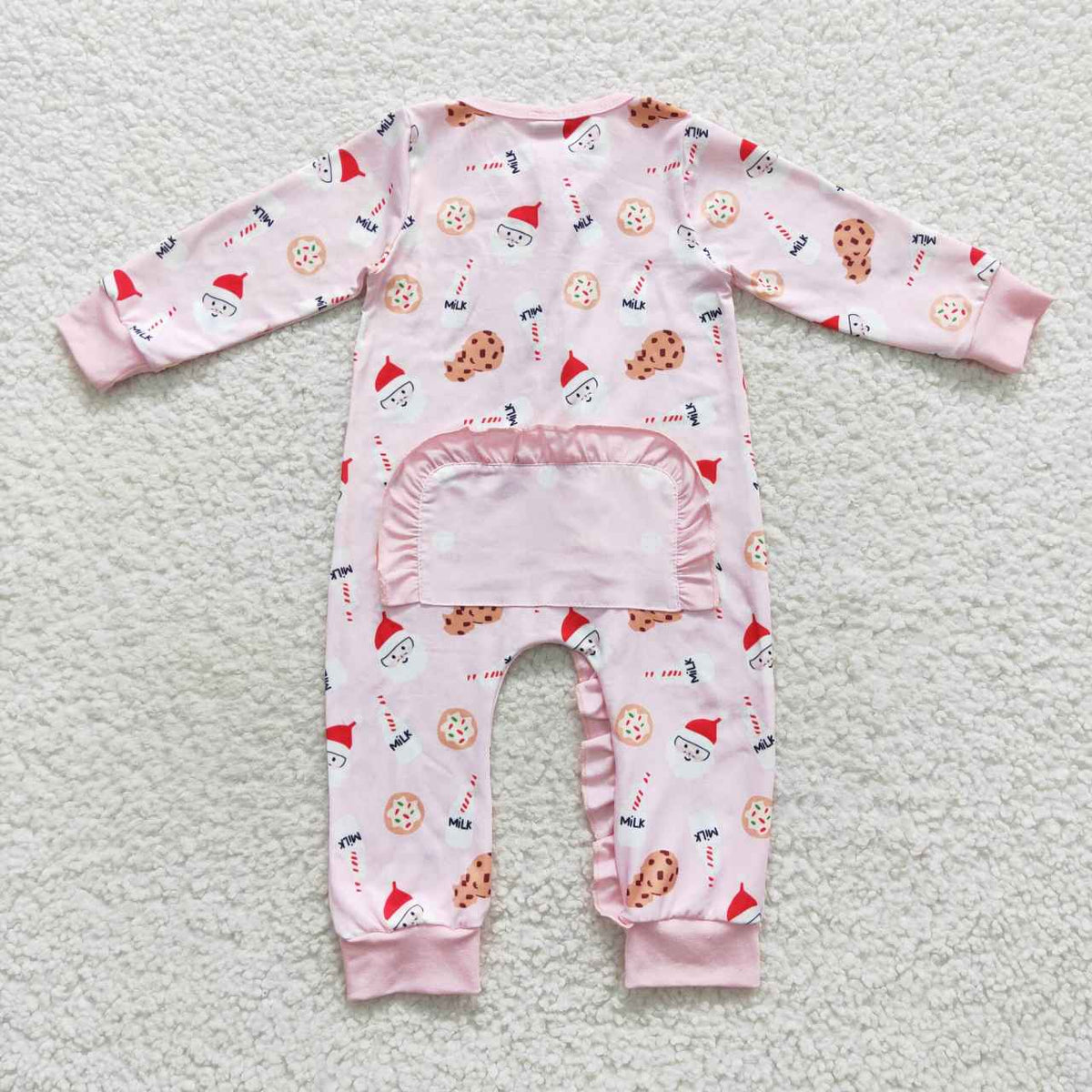 LR0471 Santa Milk Pink Print Baby Girls Christmas Zipper Sleeper Romper
