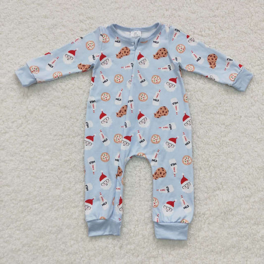 LR0472 Santa Milk Blue Print Baby Boys Christmas Zipper Sleeper Romper