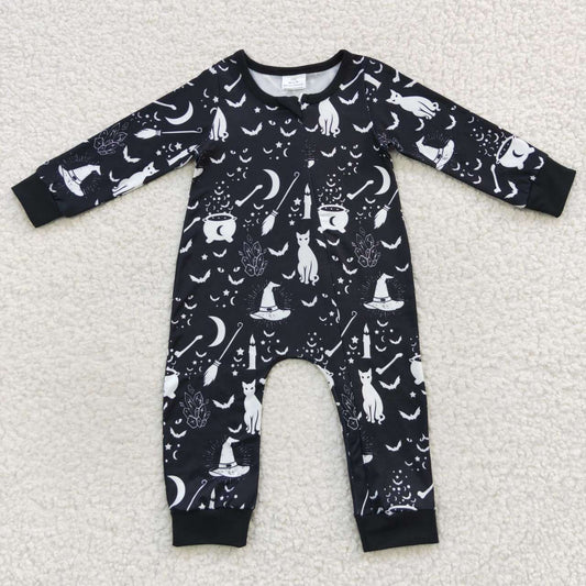 LR0473 Witch Cat Bat Black Baby Halloween Zipper Sleeper Romper