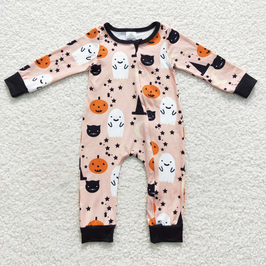LR0474 Ghost Pumpkin Baby Halloween Zipper Sleeper Romper