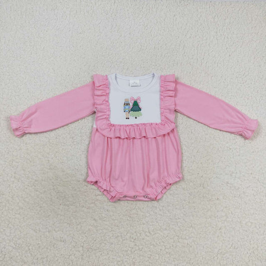 LR0480  Nutcracke* Soldier Embroidery Pink Cotton Baby Girls Christmas Romper