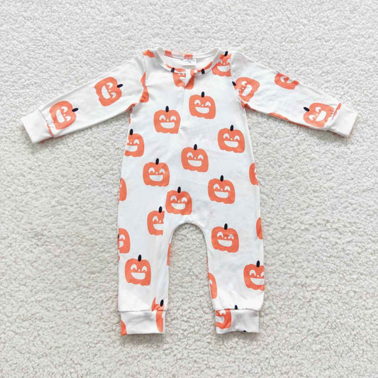 LR0495 Pumpkin Smiling Baby Halloween Zipper Sleeper Romper