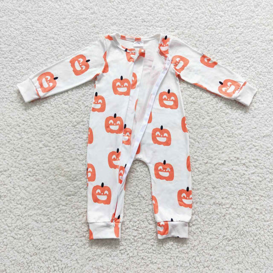 LR0495 Pumpkin Smiling Baby Halloween Zipper Sleeper Romper