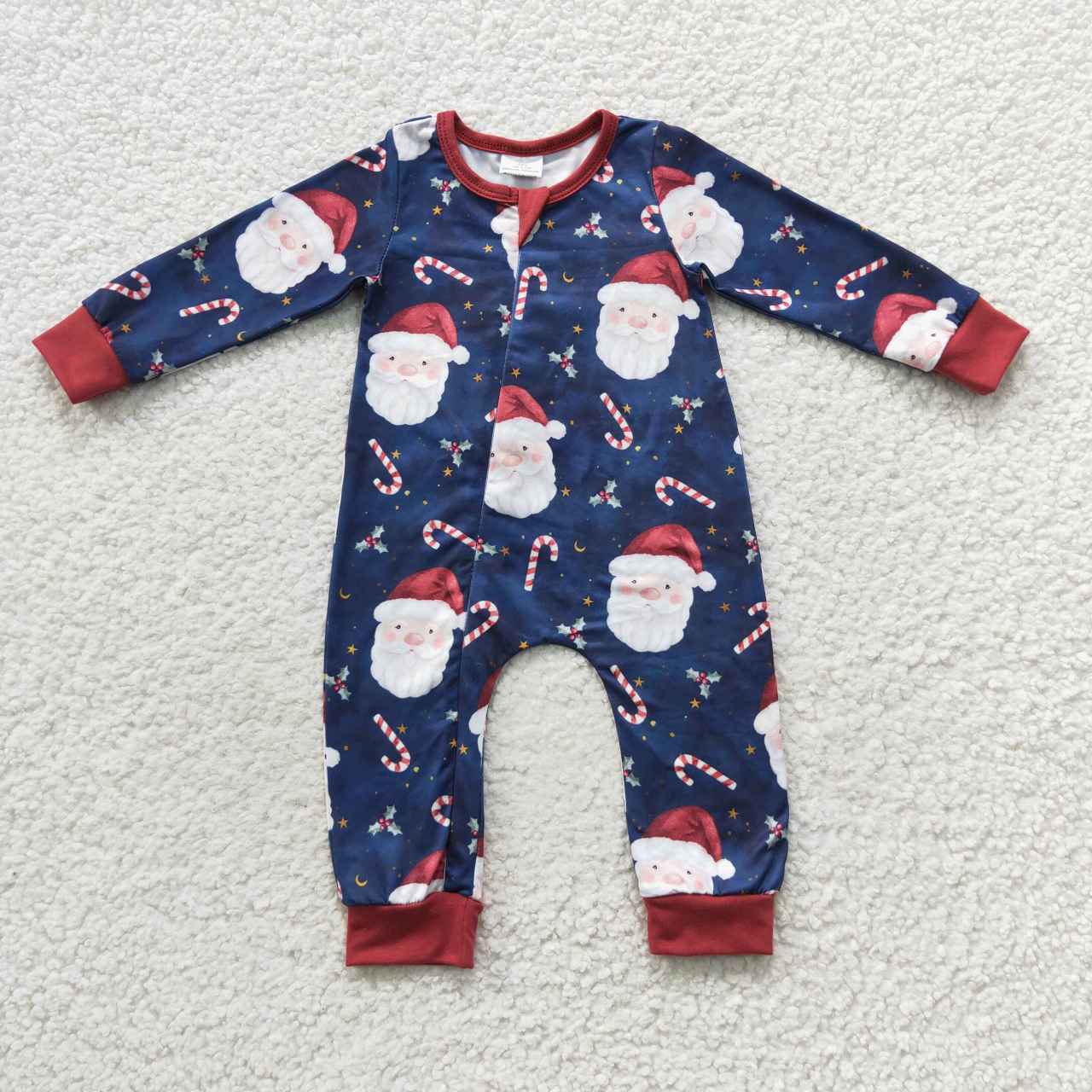 LR0498 Santa Candy Cane Holly Print Baby Christmas Zipper Sleeper Romper