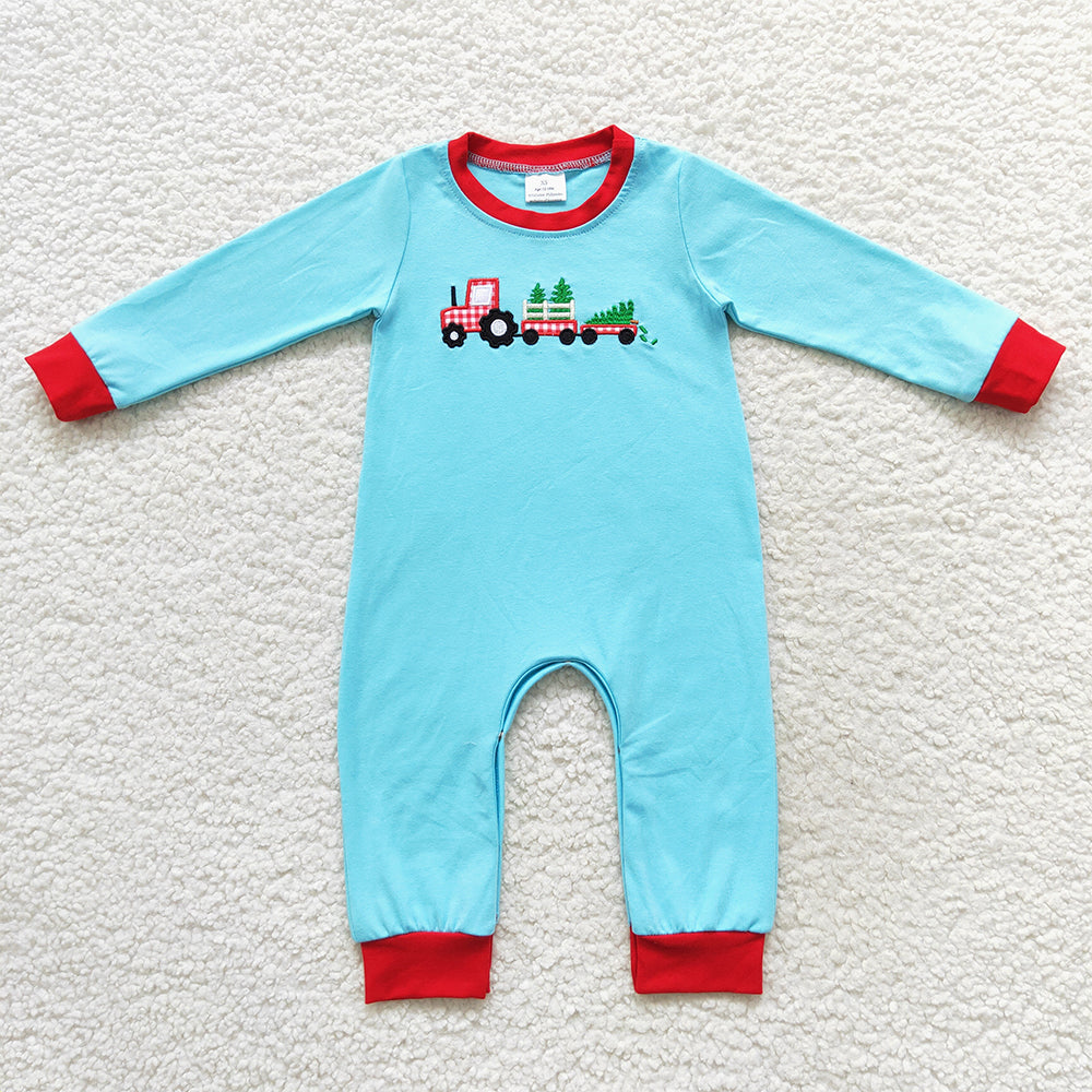 LR0500  Tractor Tree Embroidery Blue Cotton Baby Boys Christmas Romper