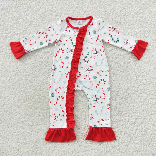 LR0501 Candy Cane Print Baby Girls Christmas Zipper Sleeper Romper