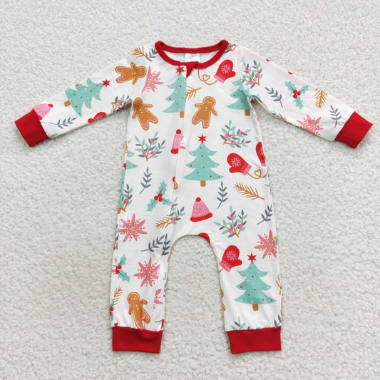 LR0522 Gingerbread Tree Holy Print Baby Christmas Zipper Sleeper Romper