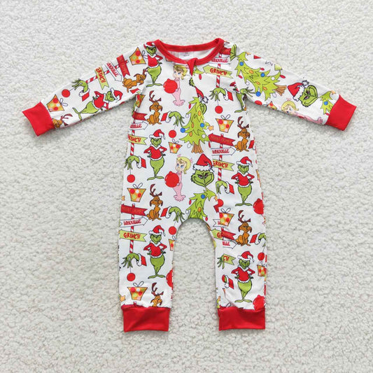 LR0530 Green Frog Friends Print Baby Christmas Zipper Sleeper Romper