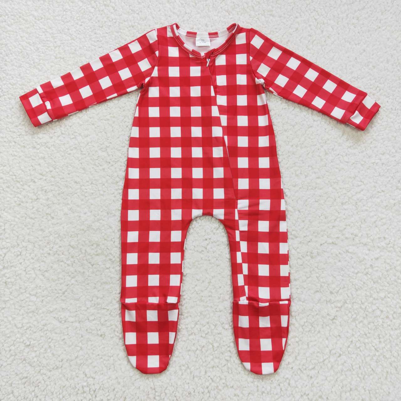 LR0549 Red Checkered Print Baby Christmas Zipper Sleeper Footie Romper