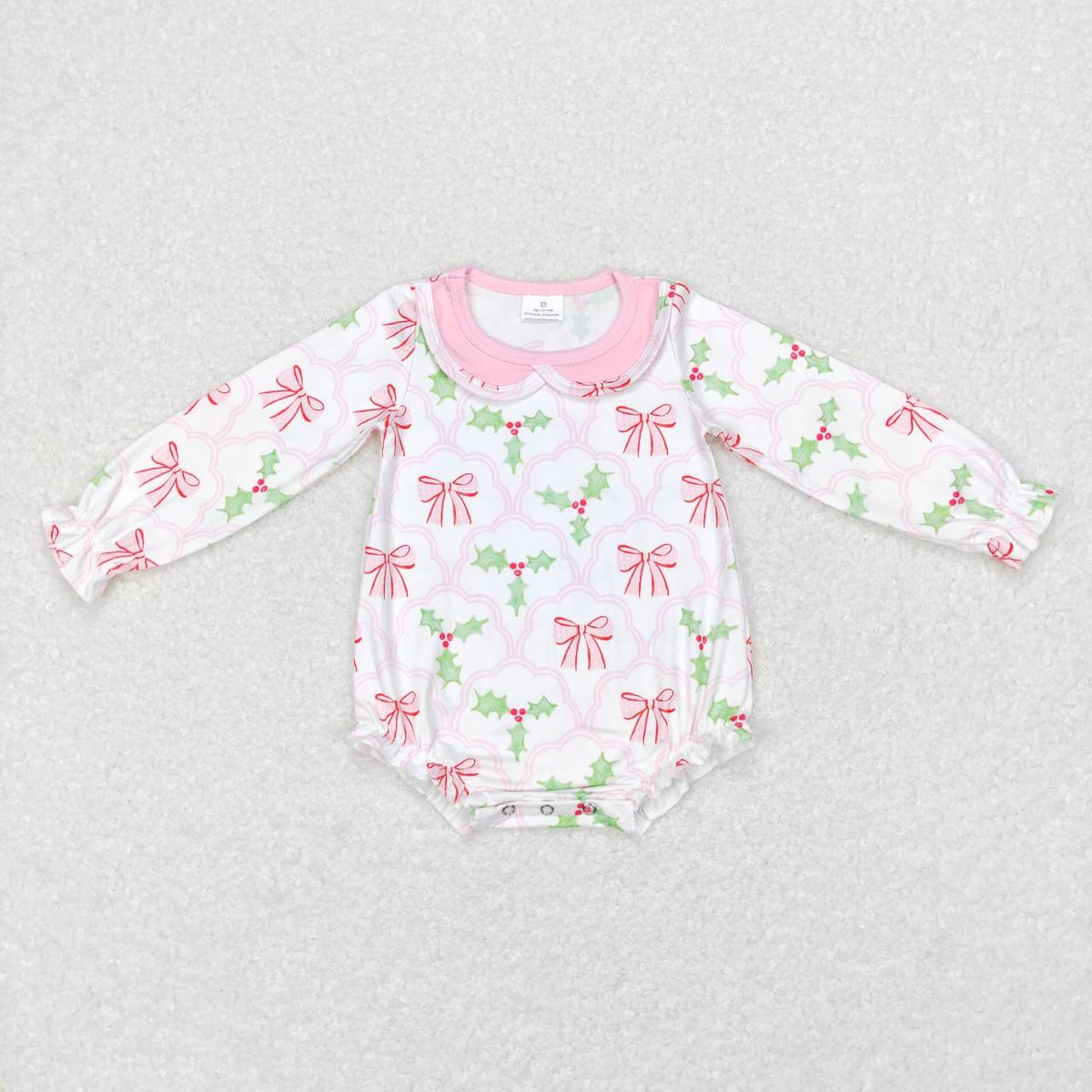 LR0577 Holly Bows Print Baby Girls Christmas Doll Collar Romper