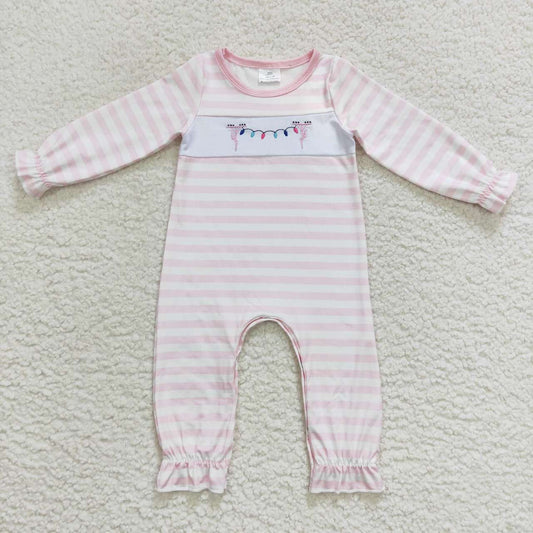 LR0582 Lights Embroidery Pink Stripes Baby Girls Christmas Romper