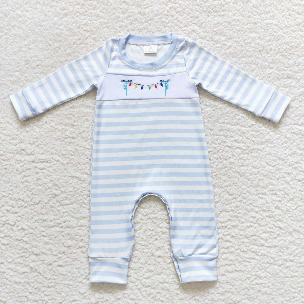 LR0583  Lights Embroidery Blue Stripes Baby Boys Christmas Romper