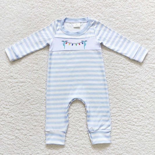 LR0583  Lights Embroidery Blue Stripes Baby Boys Christmas Romper