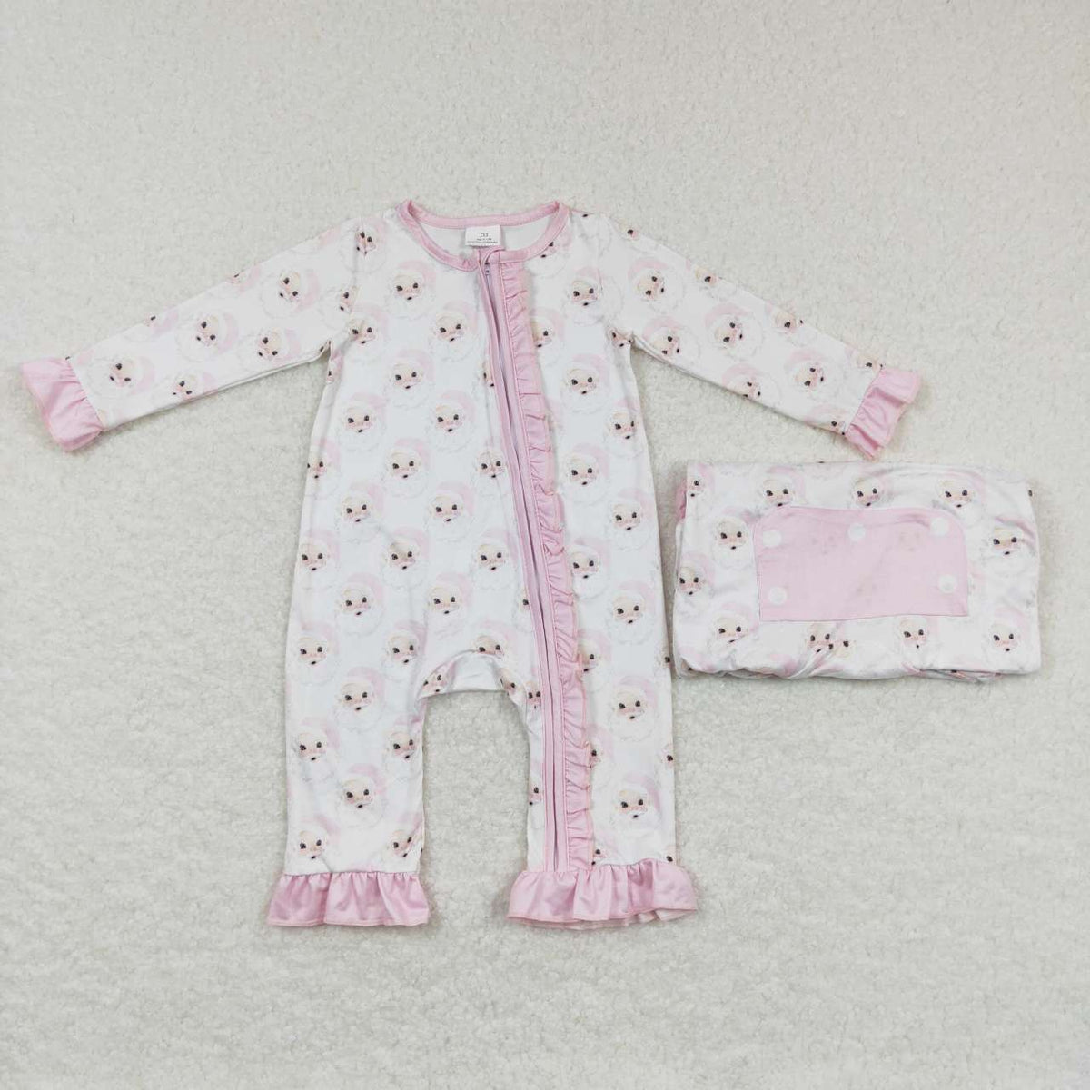 LR0584 Santa Pink Print Baby Girls Christmas Zipper Sleeper Romper