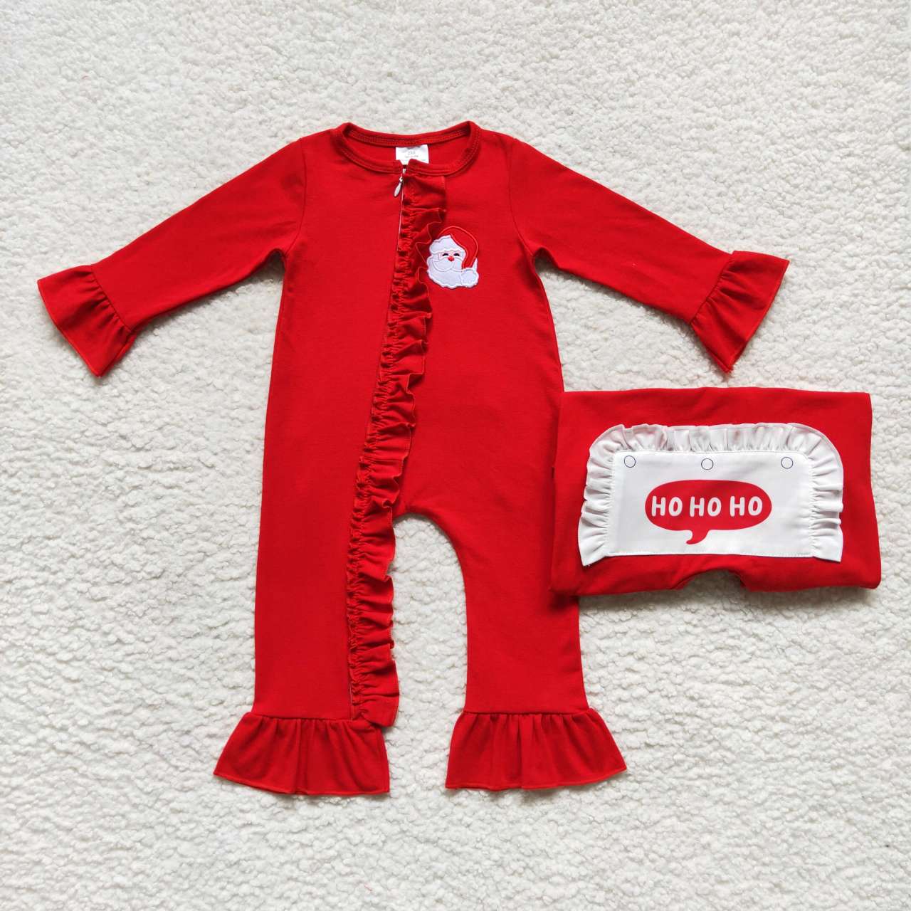 LR1668 Santa Embroidery HOHOHO Red Cotton Baby Girls Christmas Zipper Sleeper Romper
