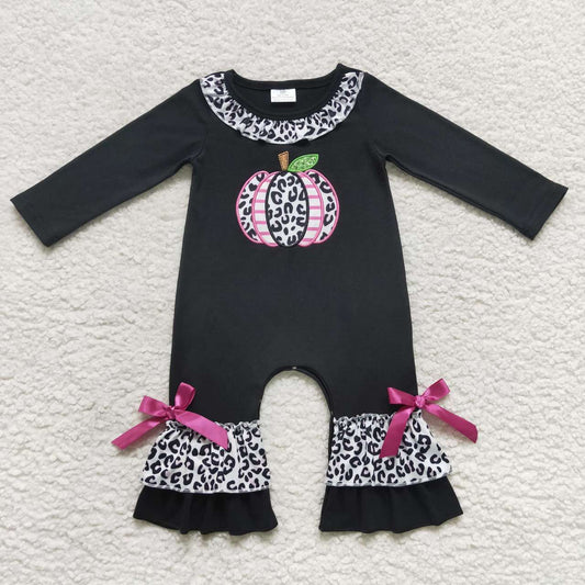 LR0618 Pumpkin Embroidery Leopard Black Baby Girls Fall Romper