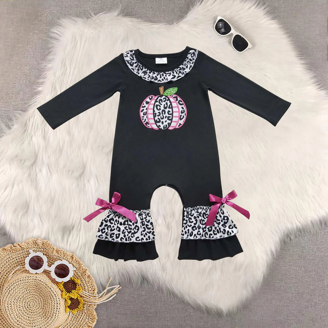 Sibling Baby Girls Black Long Sleeves Leopard Pumpkins Tunic Legging Pant Sets Romper