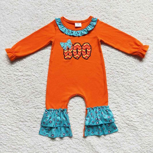 LR0619 BOO Embroidery Orange Baby Girls Halloween Romper