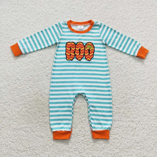 LR0620 BOO Embroidery Blue Stripes Baby Boys Halloween Romper