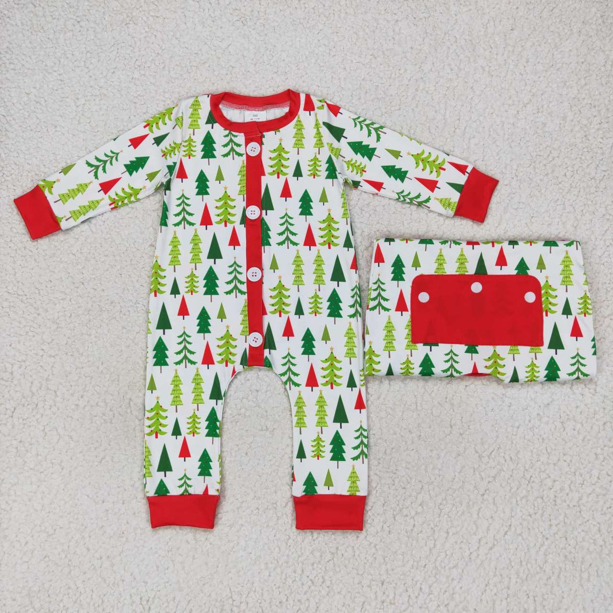LR0627  Tree Print Baby Boys Christmas Buttons Romper